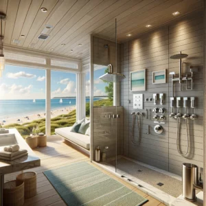 Beachside bathroom in Long Island with outdoor shower and modern fixtures.