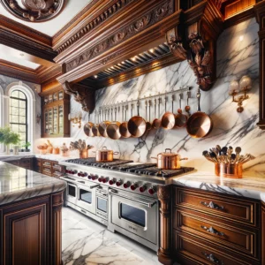 Kitchen with Calacatta granite countertops and Viking range