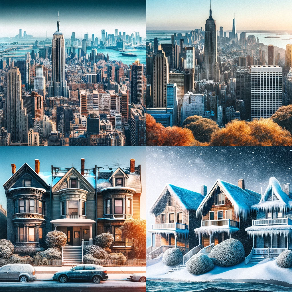 New York City skyline highlighting different neighborhoods and their unique weatherproofing needs.