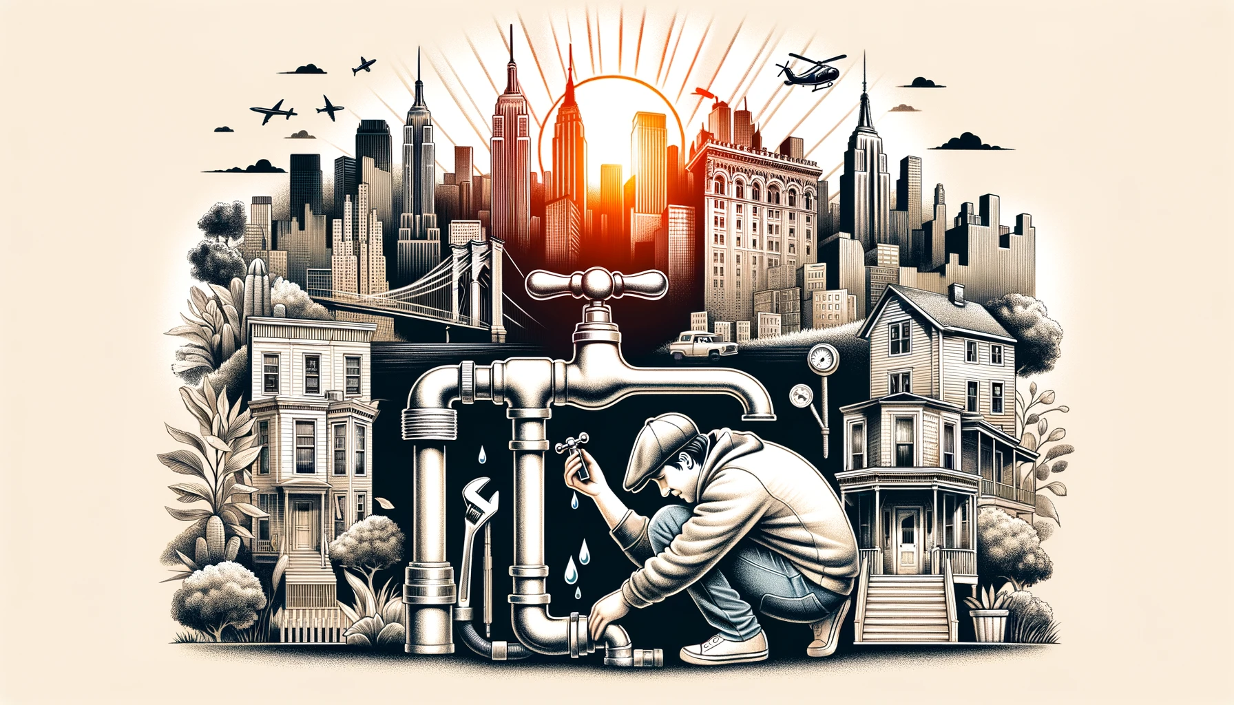 Illustration of a New Yorker repairing a leaky faucet, with NYC landmarks subtly in the background.