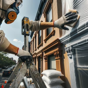 Worker prepping a Brooklyn brownstone for a new coat of paint.