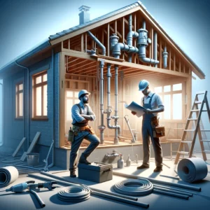 Plumber and structural engineer working in a renovation