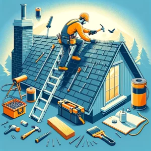 An illustration of a person repairing a rooftop with various tools and construction materials laid out around them.