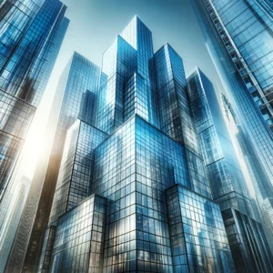 Modern glass skyscrapers reaching into the clear blue sky in New York City.