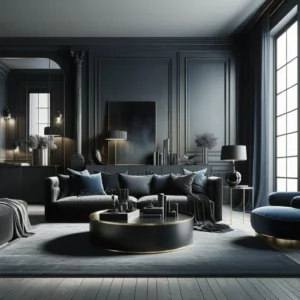 Luxurious living room featuring dark colors like navy blue and charcoal