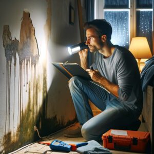 A homeowner inspects a wall for moisture damage, using a flashlight in a dimly lit room, with tools like a moisture meter and a notebook on hand.