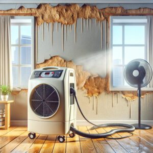 A room with a wall being dried out using a large dehumidifier, with windows open and a fan for ventilation.