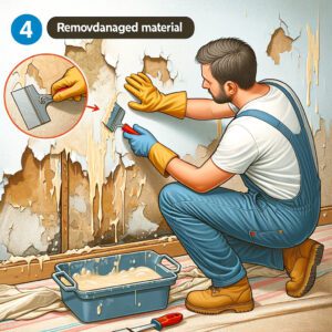 A homeowner or DIY renovator wearing safety gloves, using a scraper to remove damaged material from a wall.