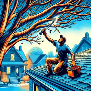 A homeowner is trimming overhanging branches to protect their roof from potential damage.