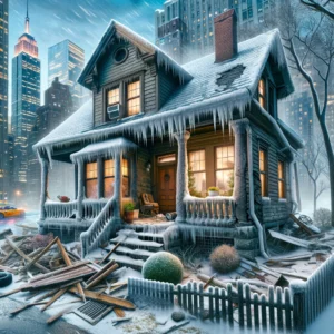 A New York home showing damage from extreme weather conditions.