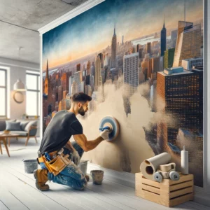A person sands a wall after applying joint compound in a New York City home.