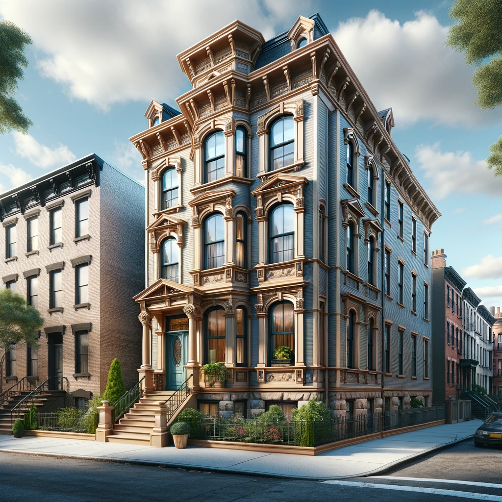 A classic New York brownstone home with pristine siding on a sunny day.