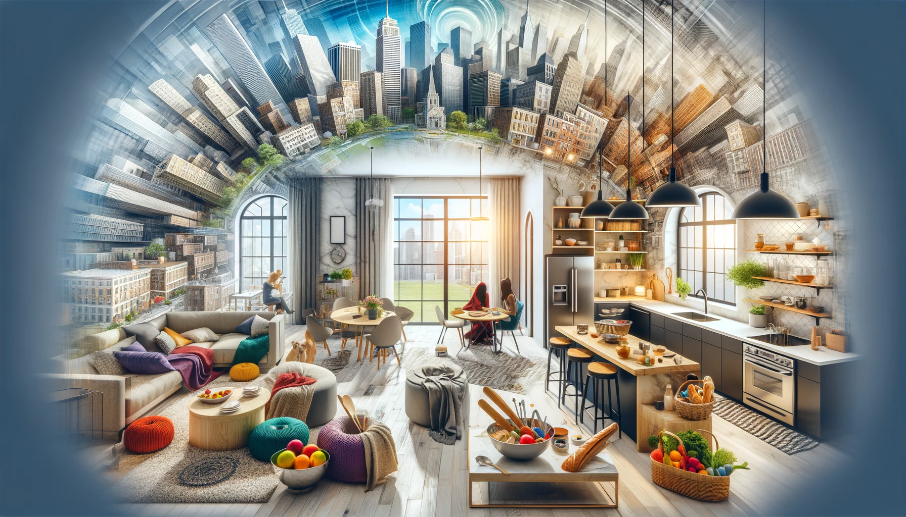 Composite image showing the transformation of NYC living spaces with modern kitchens, cozy living rooms, and happy tenants.