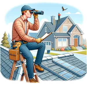 A homeowner is conducting a roof inspection, using various tools to ensure regular maintenance.