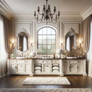 Classic bathroom with double vanity, white cabinets, and dark wooden accents.