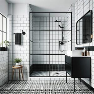 Contemporary bathroom with black framed shower and monochrome design.