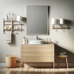 Minimalist bathroom with a light wooden vanity and frameless mirror.