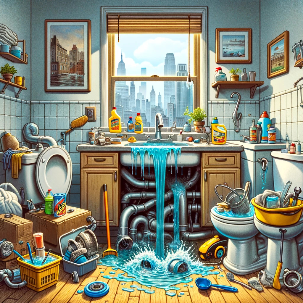 A humorous illustration of various clogged drain scenarios in a New York City apartment, including an overflowing shower, a sluggish kitchen sink full of water, and a bathroom sink with rising water. The scene also includes hints of the city's architecture through a window and features items like a plunger, drain cleaner, and DIY plumbing tools.