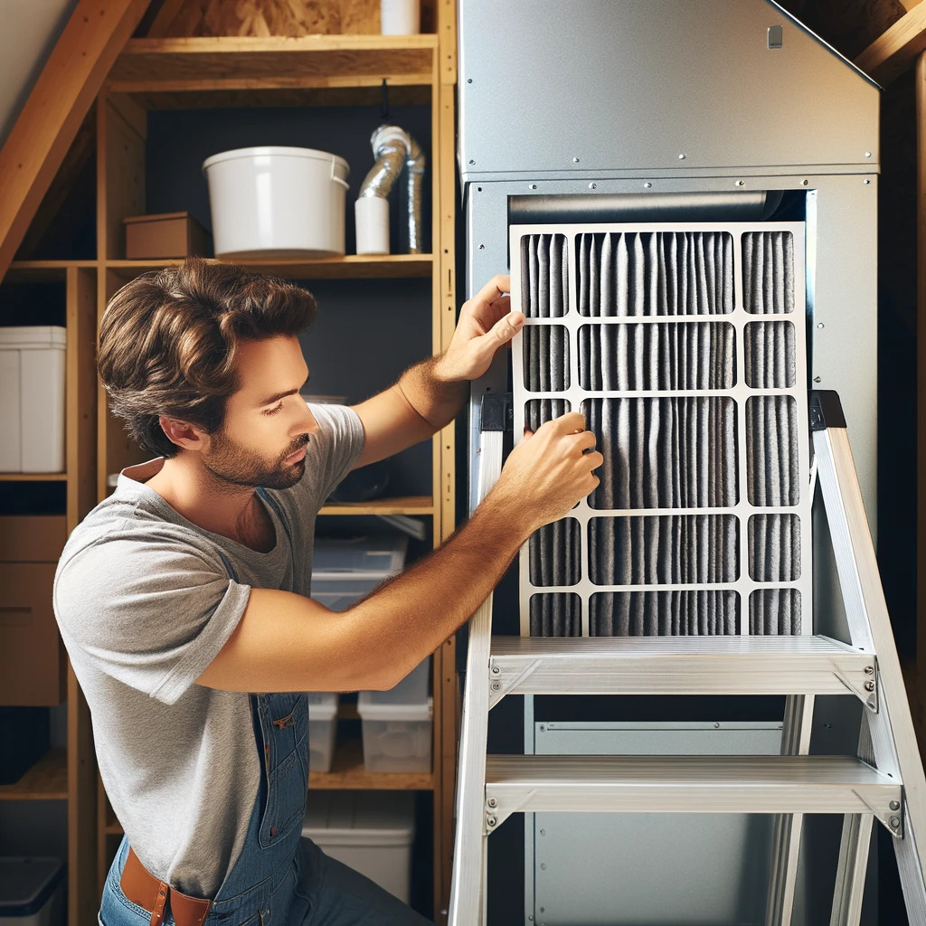 A Caucasian male in his 30s, standing on a ladder, carefully inserting a new air filter into a residential HVAC system, symbolizing the importance of regular air filter maintenance in home improvement.