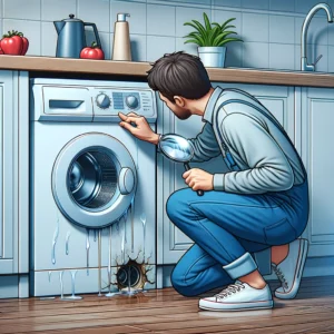 A person inspecting kitchen and bathroom areas for leaks from appliances like dishwashers and washing machines.