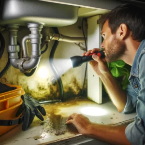 A homeowner inspecting under a sink with a flashlight, revealing water damage and potential mold issues.