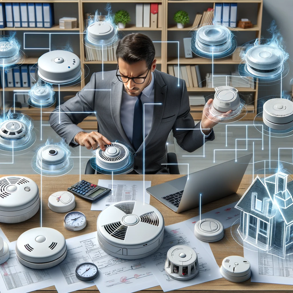 A property manager in an office evaluating various types of smoke alarms, with both battery-powered and hardwired models, and researching on a computer.