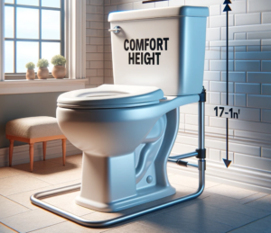 A comfort height toilet with a seat height of 17-19 inches in a bathroom.