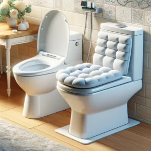 A cushioned seat riser and a bidet toilet in a home bathroom.