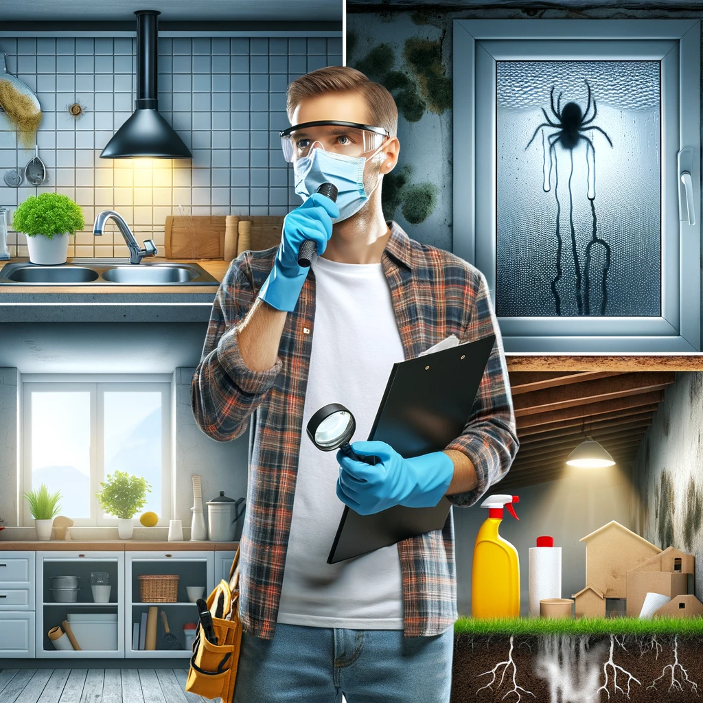 A homeowner with flashlight, gloves, and mask inspecting a home for mold, including a kitchen sink, a window with condensation, a damp basement, and a section of roof.