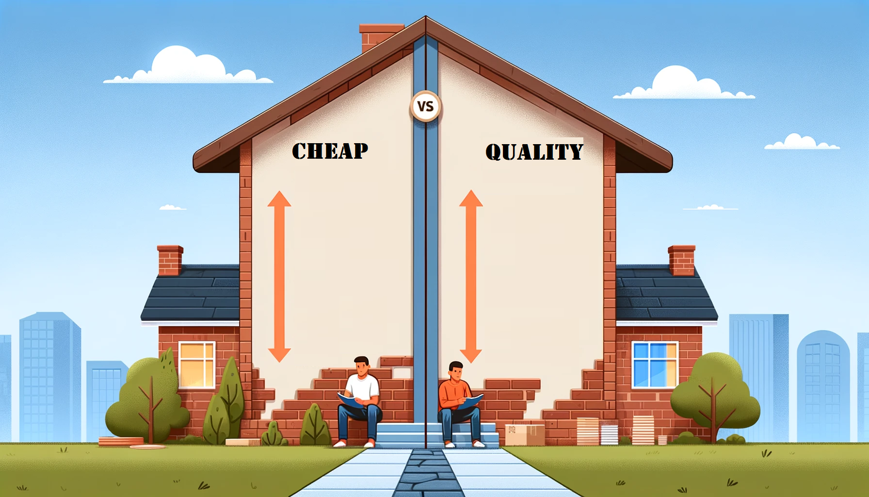 An infographic comparing the long-term costs of cheap and quality home renovation services, with two paths diverging from a house, one leading to increased costs due to poor quality, and the other leading to long-term savings with quality work.