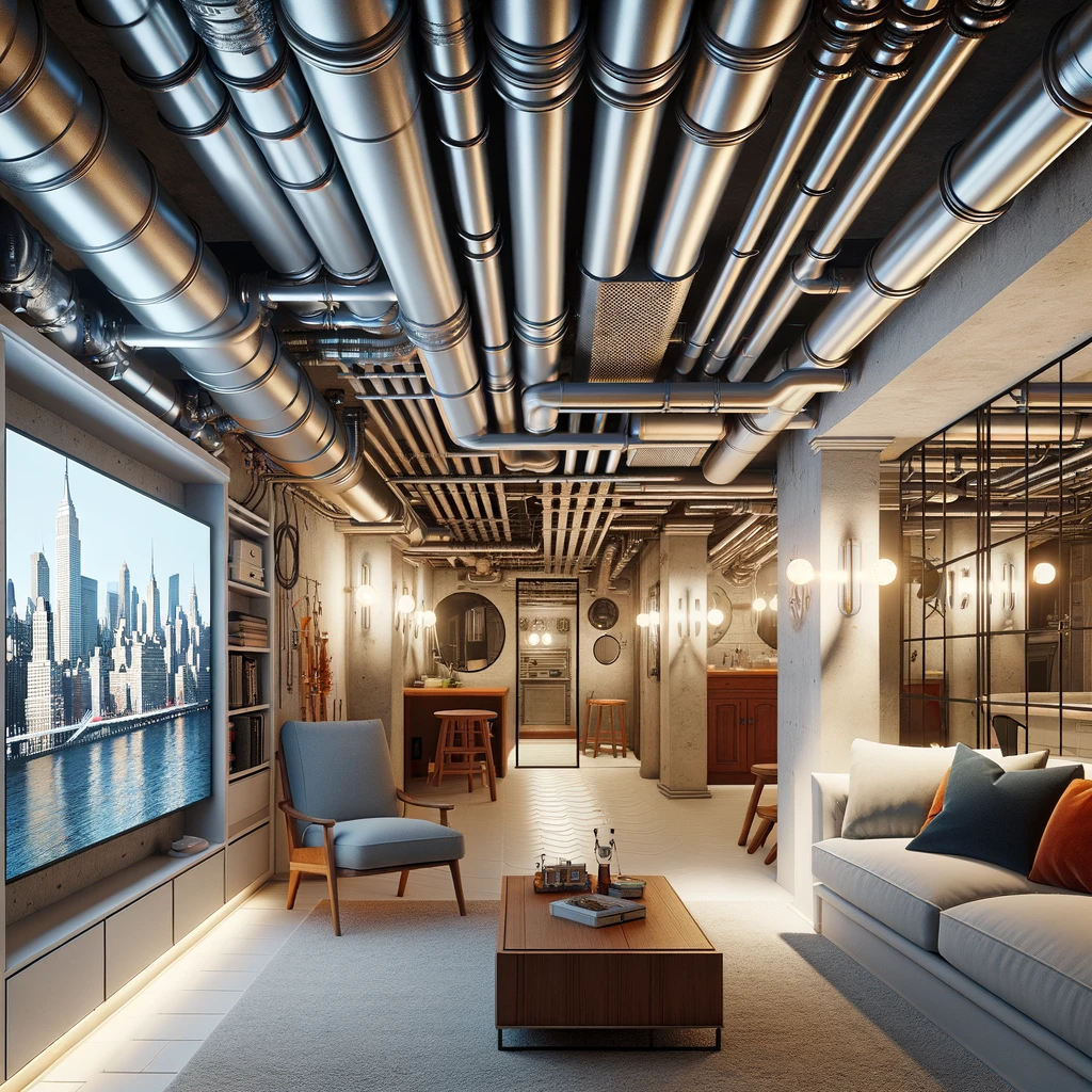 A renovated basement in New York City featuring innovative ceiling solutions for low ceilings and exposed pipes.