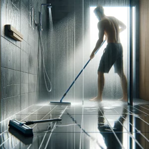 A person using a squeegee to remove water from the walls and floor of a modern, clean bathroom.