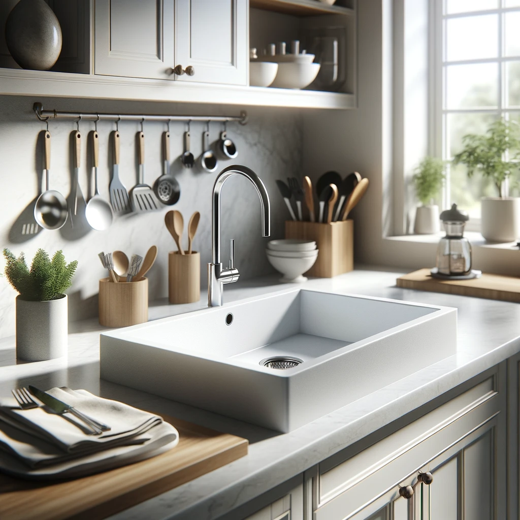 Modern kitchen with white quartz composite sink