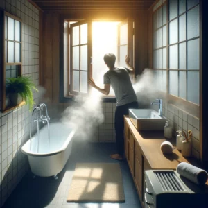 A person opening a bathroom window, with steam indicating recent shower use.