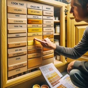 A person experimenting with different glaze tints on a hidden area of a yellow oak cabinet in a NYC kitchen.