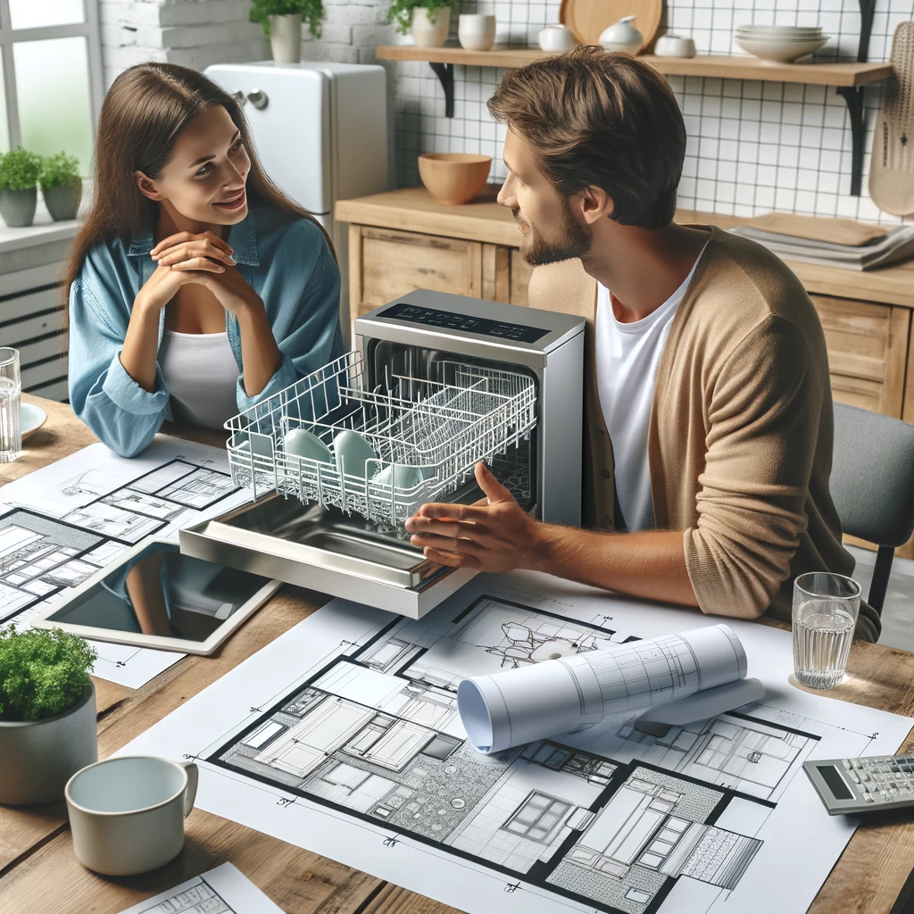 A kitchen designer and homeowner discussing kitchen layouts with a portable dishwasher.