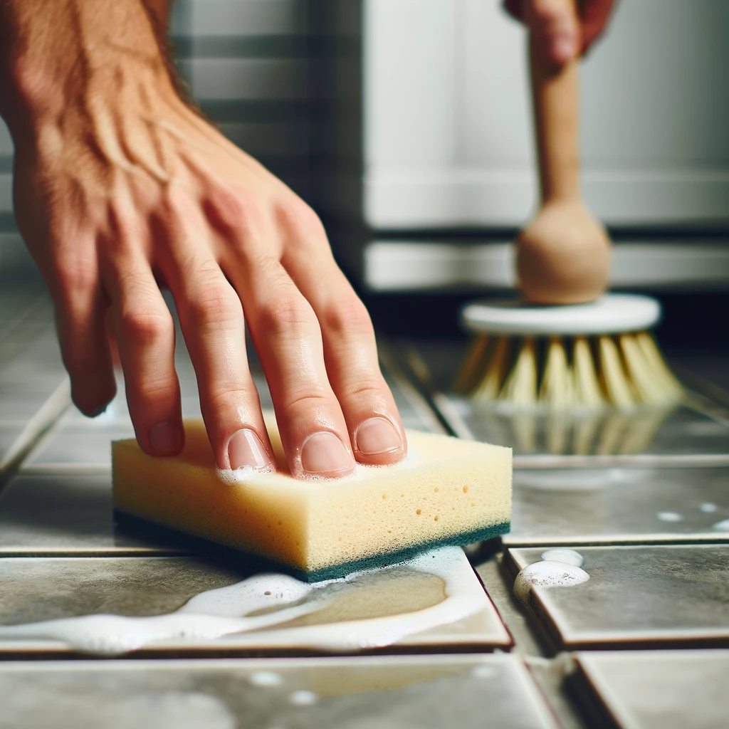 A person using a damp sponge to carefully wipe off excess epoxy grout from bathroom tiles.