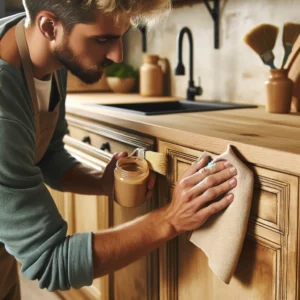 A DIY enthusiast applying glaze to yellow oak cabinets in a Brooklyn kitchen, using a soft cloth and following the wood grain.