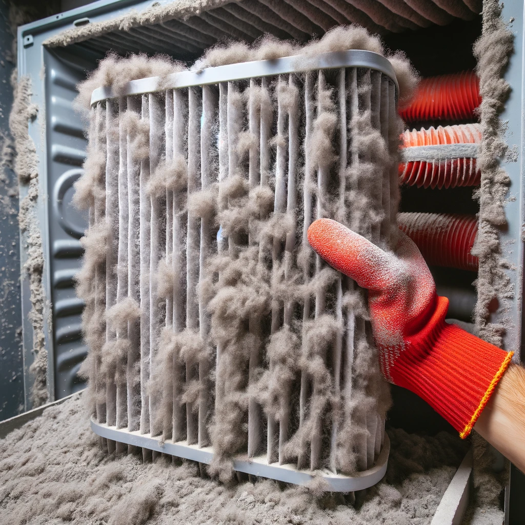 A person's hand in a red glove removing a heavily dust-clogged air filter from an HVAC system.