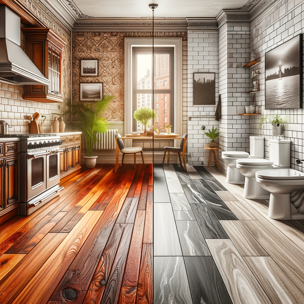 A Brooklyn brownstone kitchen with hardwood floors contrasted with a Manhattan-style modern bathroom with tile flooring.