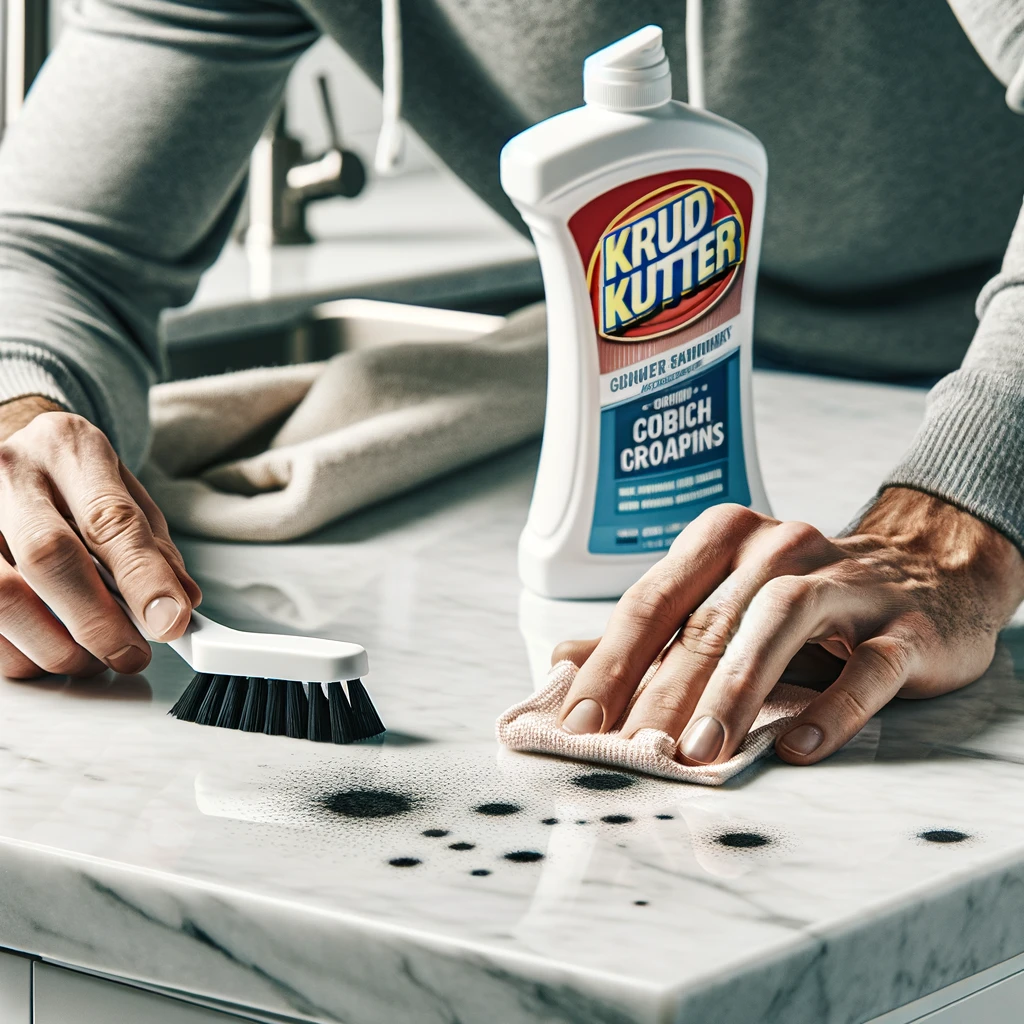 A homeowner using Krud Kutter, a toothbrush, and a damp cloth to remove small black marks from a white quartz countertop.