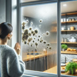 A person noticing condensation on a window, with moisture droplets evident in a kitchen or bathroom.