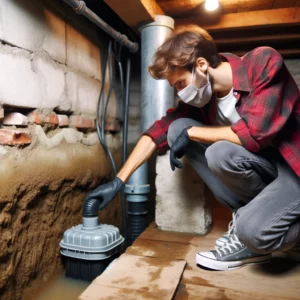 A person checking the basement for signs of dampness and mold, focusing on cracks and drainage.