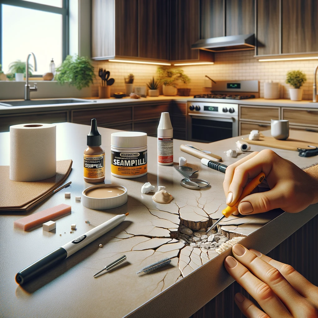 Repair in progress on a laminate kitchen countertop with a visible chip being fixed.