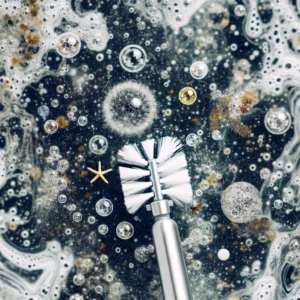 A person cleaning a shower using a scrub brush and cleaner, focusing on sparkling surfaces.