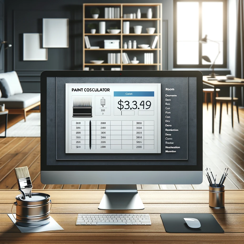 Modern home office featuring a large monitor with a Paint Cost Calculator application, embodying efficient renovation planning.