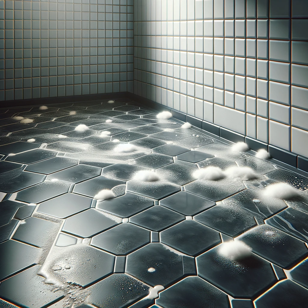 Shower with dark hexagonal floor tiles and white wall tiles, showing white stains.