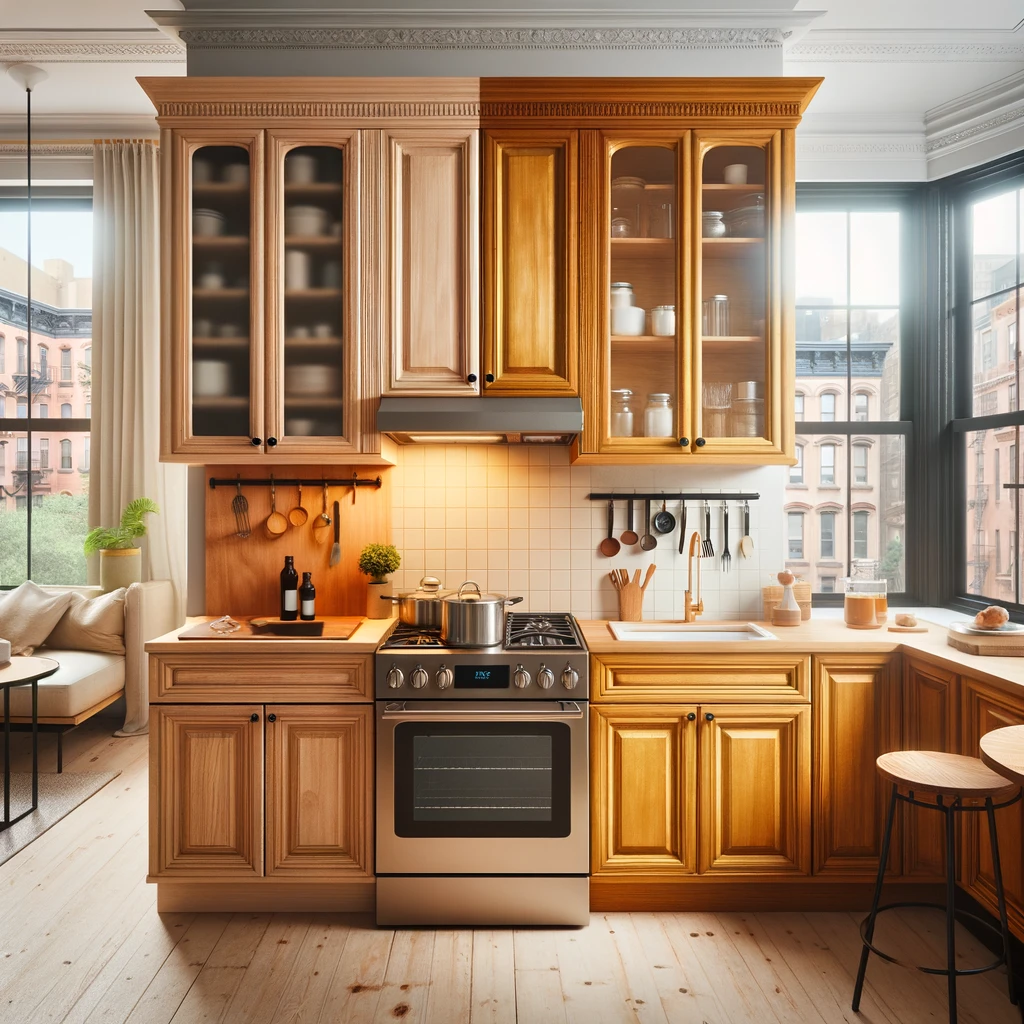 A NYC kitchen with yellow oak cabinets, one partially glazed showing a cooler tone, amidst a stylish Brooklyn brownstone or Manhattan loft setting.