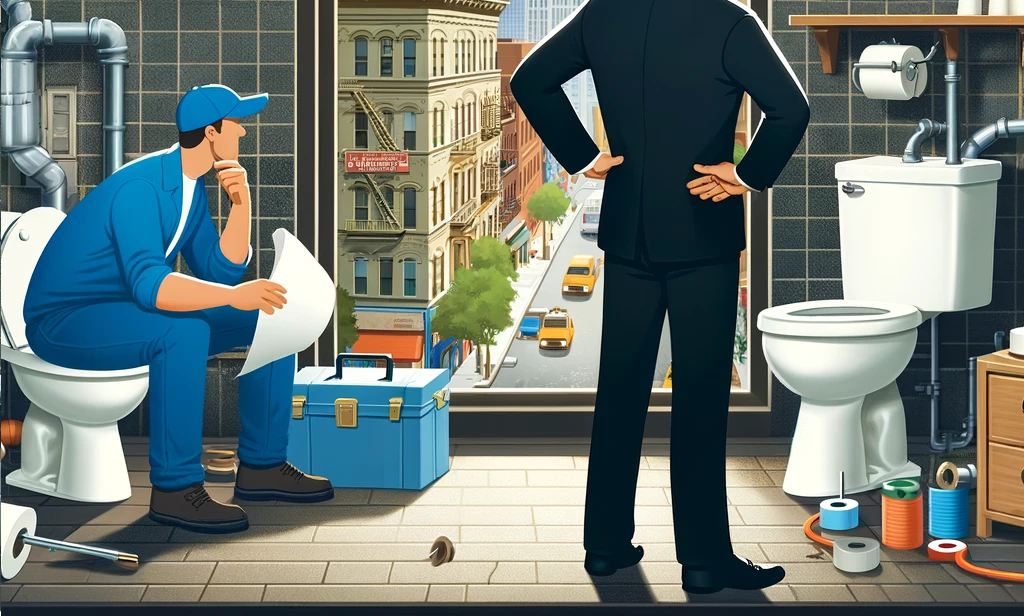 A property manager in NYC addressing toilet issues in an apartment building, with various toilets shown, some undergoing repairs and others with visible clogs.