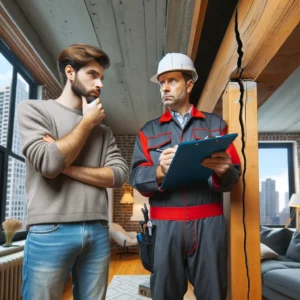 Homeowner in NYC shows cracks in a support beam to a professional contractor.